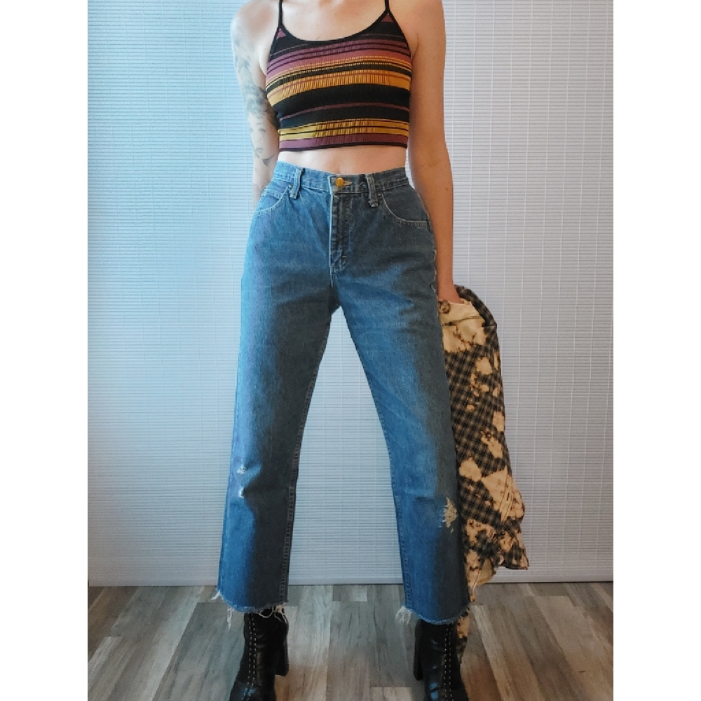 Vintage 80s 90s Lee Jeans High Waist Cropped Raw Hem Straight Leg Size 8